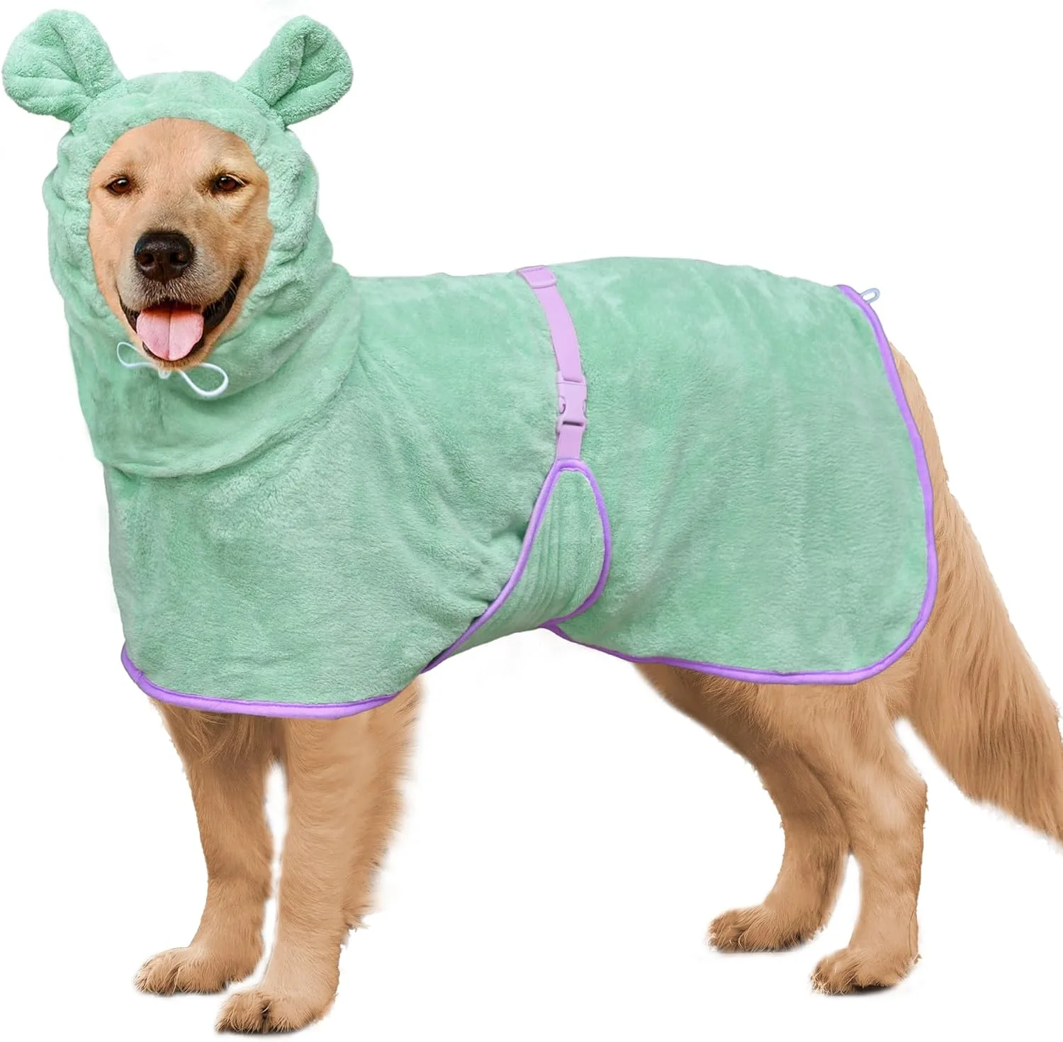 Dog Bathrobe Super Absorbent Towel — golden retriever in green bear-ear robe