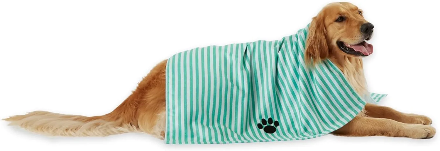 Bone Dry Pet Grooming Towel — golden retriever with aqua striped towel