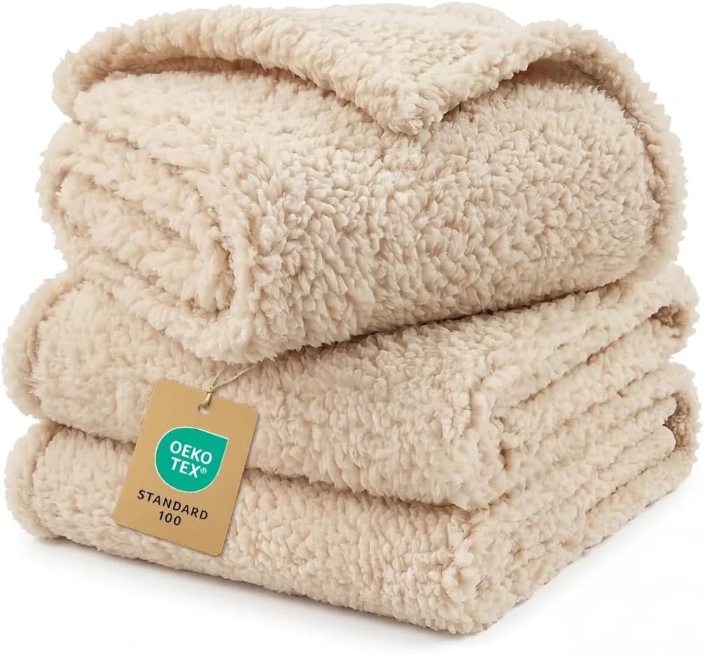 Fluffy premium sherpa fleece calming pet blanket in beige