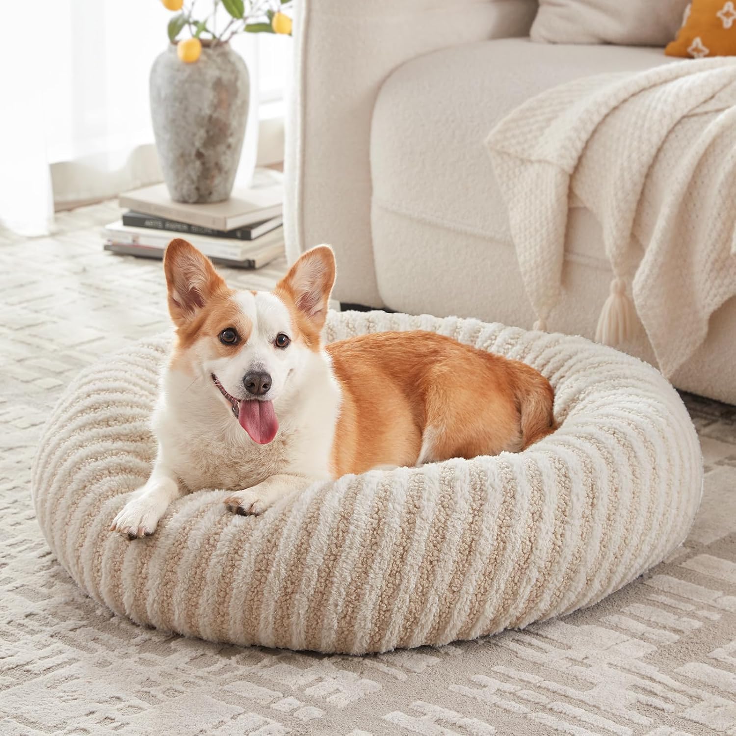 MIXJOY fluffy donut calming dog bed with corgi — cream plush 30 inch