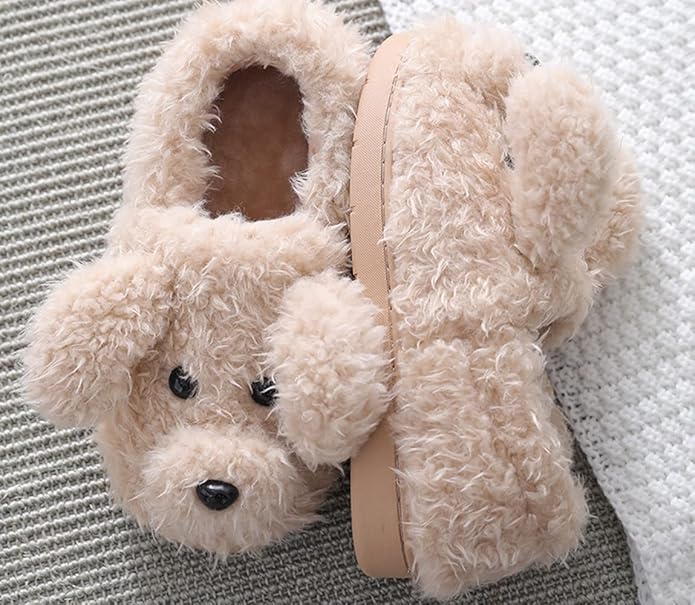 Fuzzy dog face slippers with memory foam — cute teddy fleece house shoes