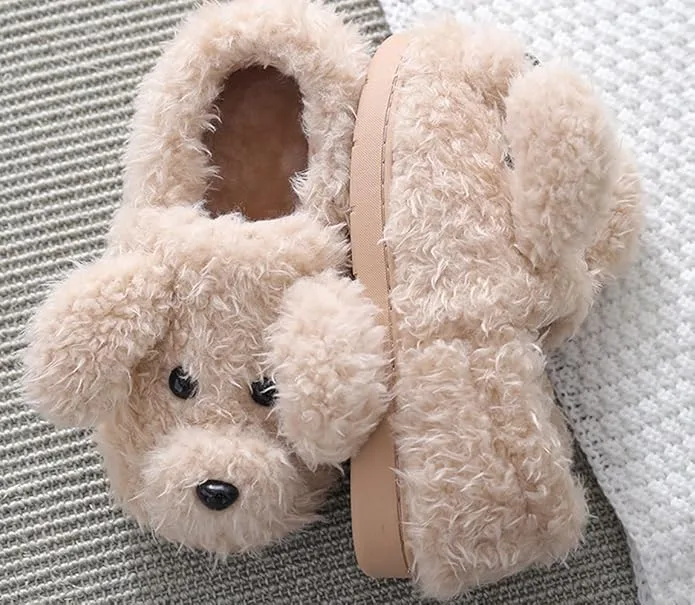 Fuzzy dog face slippers with memory foam — cute teddy fleece house shoes