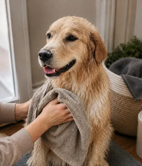 Golden retriever being towel-dried indoors after a rainy walk