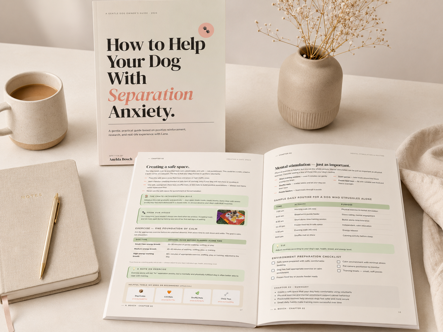 How to Help Your Dog With Separation Anxiety — ebook cover and inside pages, by Light Paw Studio