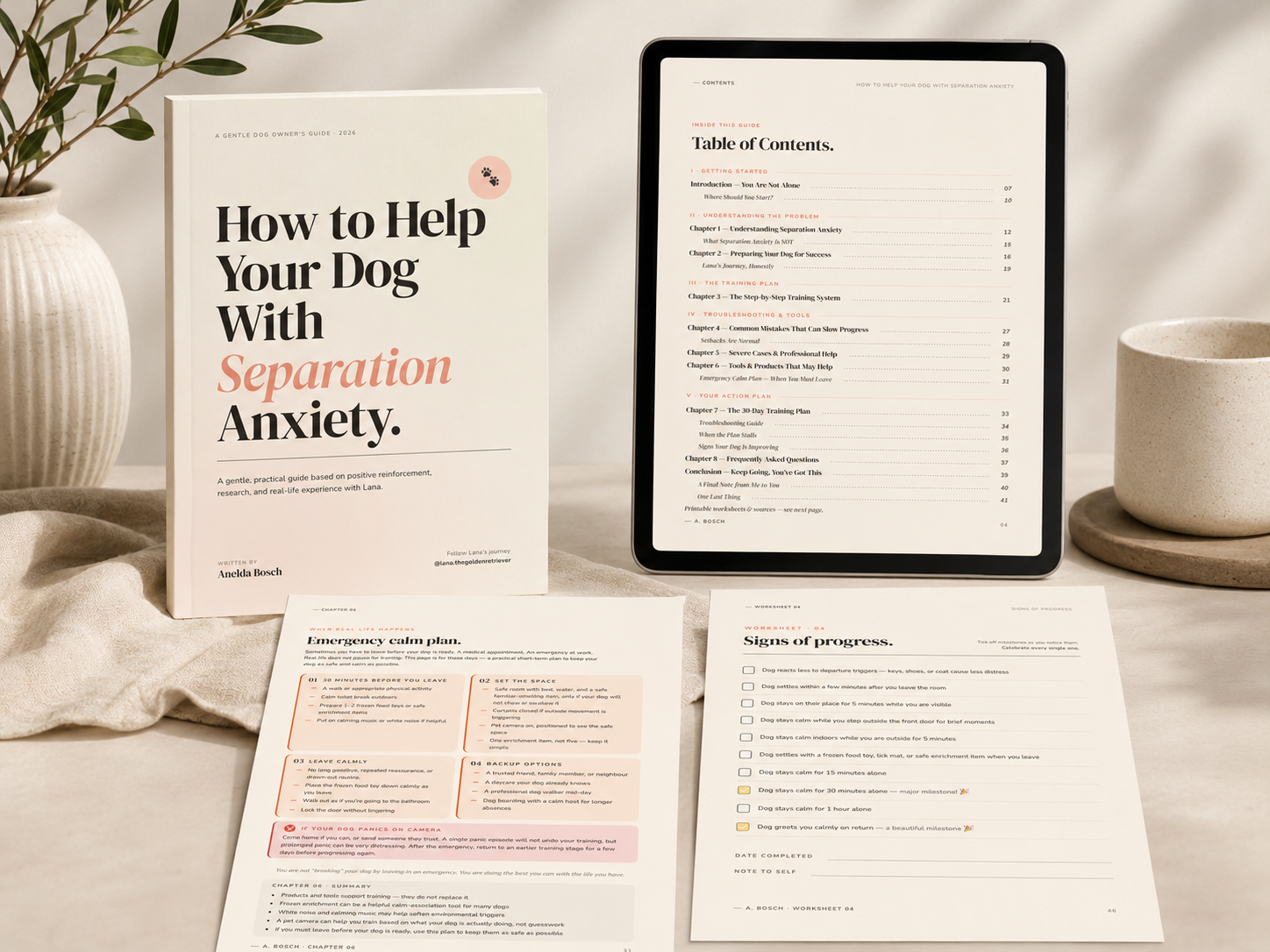How to Help Your Dog With Separation Anxiety table of contents, shown on a tablet