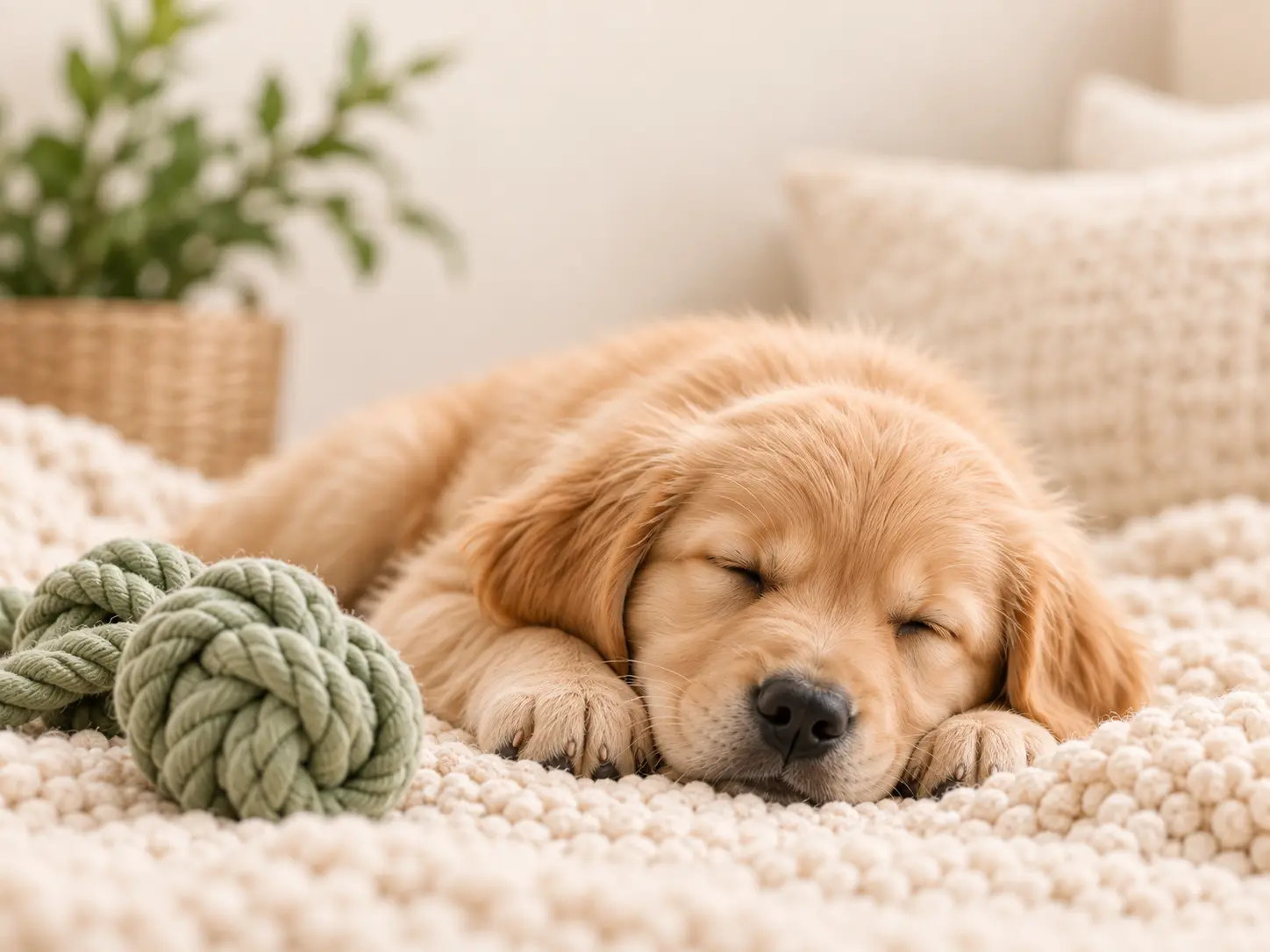 Sleeping golden retriever puppy with rope toys