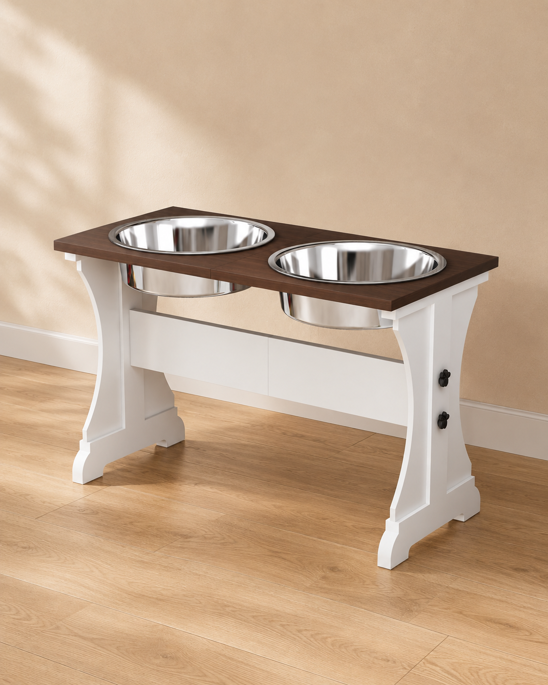 Elevated dog bowl stand with two bowls