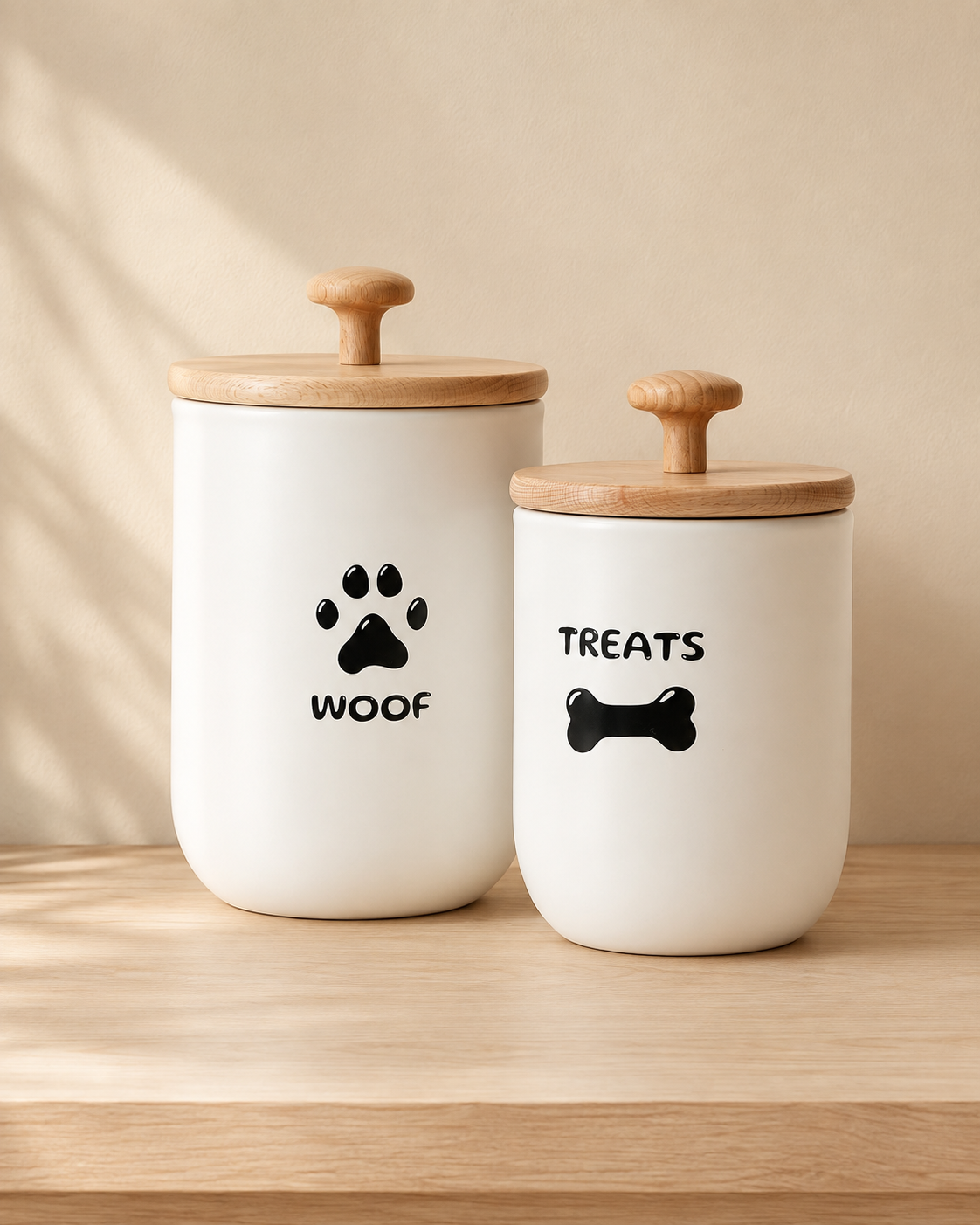 Ceramic dog treat canister set with airtight lids