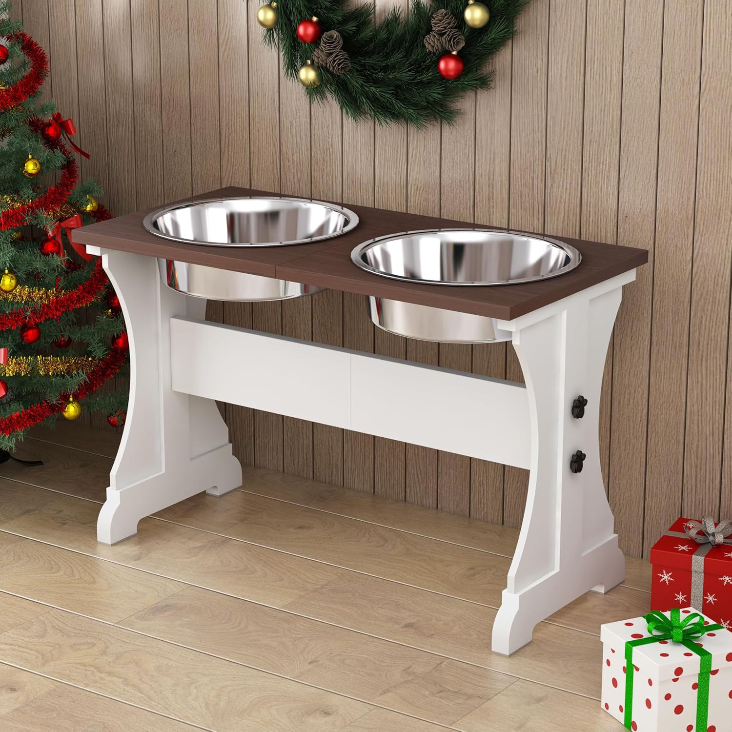 Farmhouse elevated dog bowl stand with two stainless steel bowls. white and dark wood finish