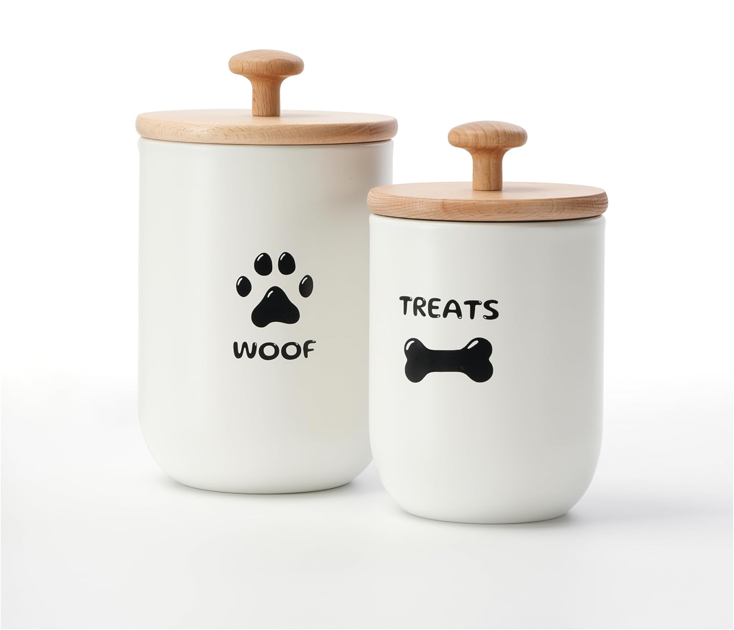 Dog Treat Container Set of 2 with airtight wooden lids. Woof and Treats white ceramic canisters