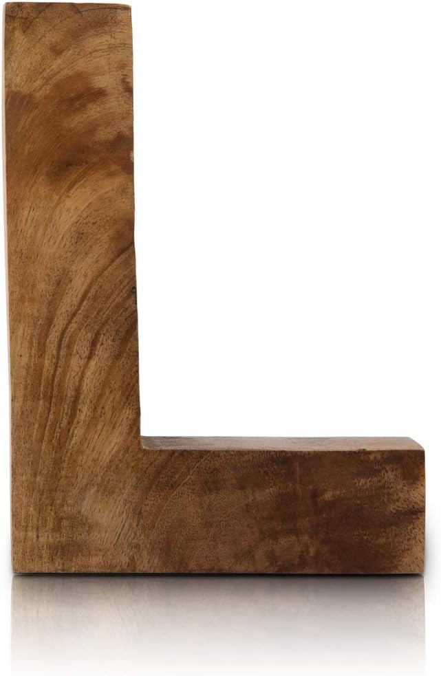 Decorative solid block wooden letter L. natural finished freestanding shelf decor