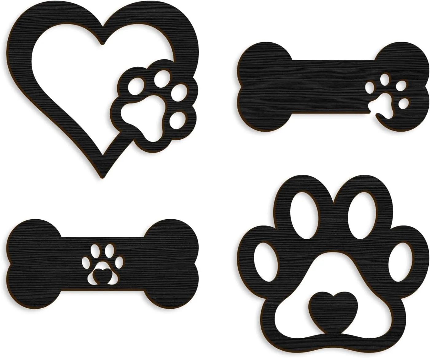 Pigort 4 Piece Paw Love Dog Wooden Wall Decor set. heart, bone and paw shapes