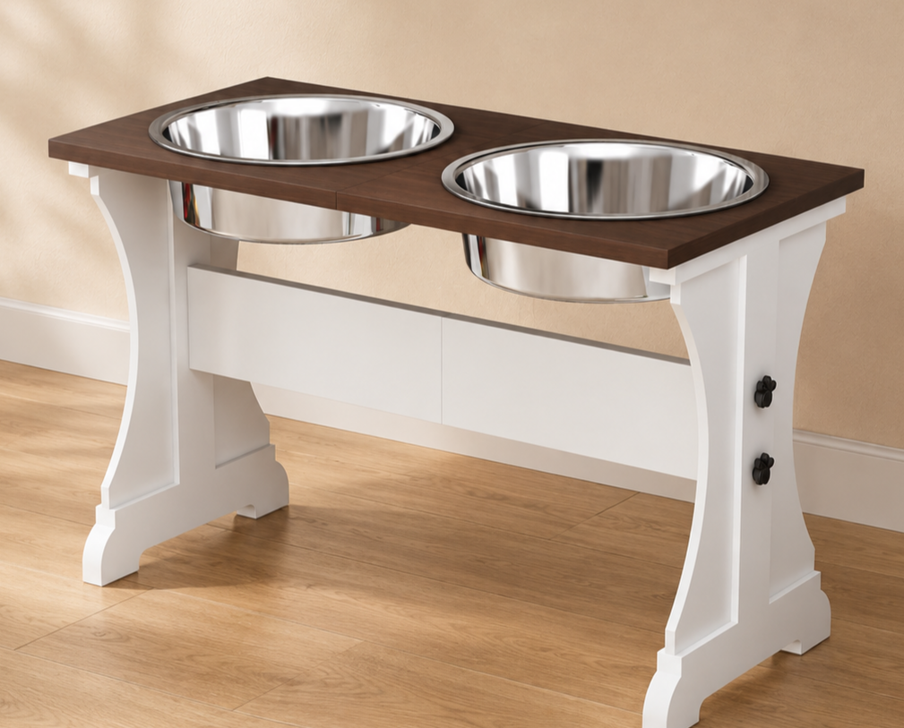 Elevated dog bowl stand with two stainless bowls