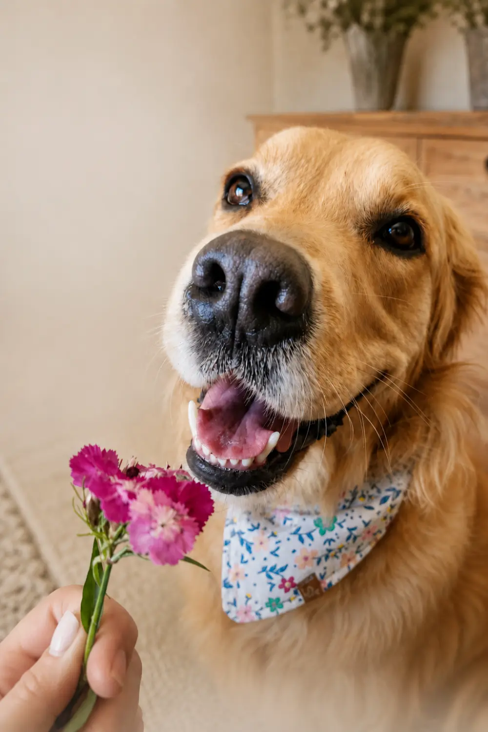 Lana the golden retriever leaning in to sniff pink flowers held out to her