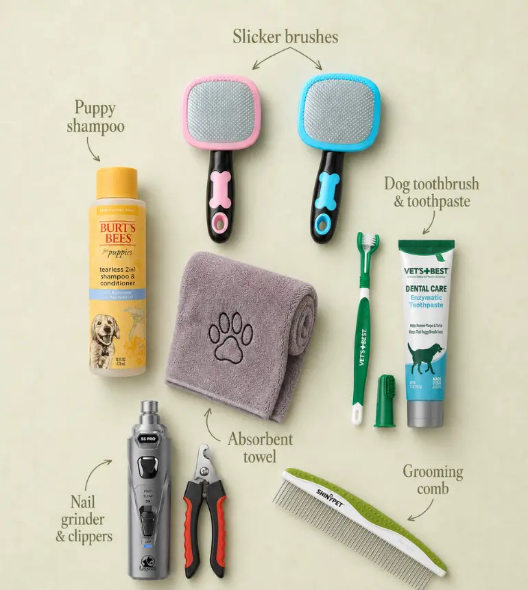Puppy grooming essentials flat-lay: slicker brushes, grooming comb, puppy shampoo, absorbent towel, nail grinder and clippers, dog toothbrush and toothpaste