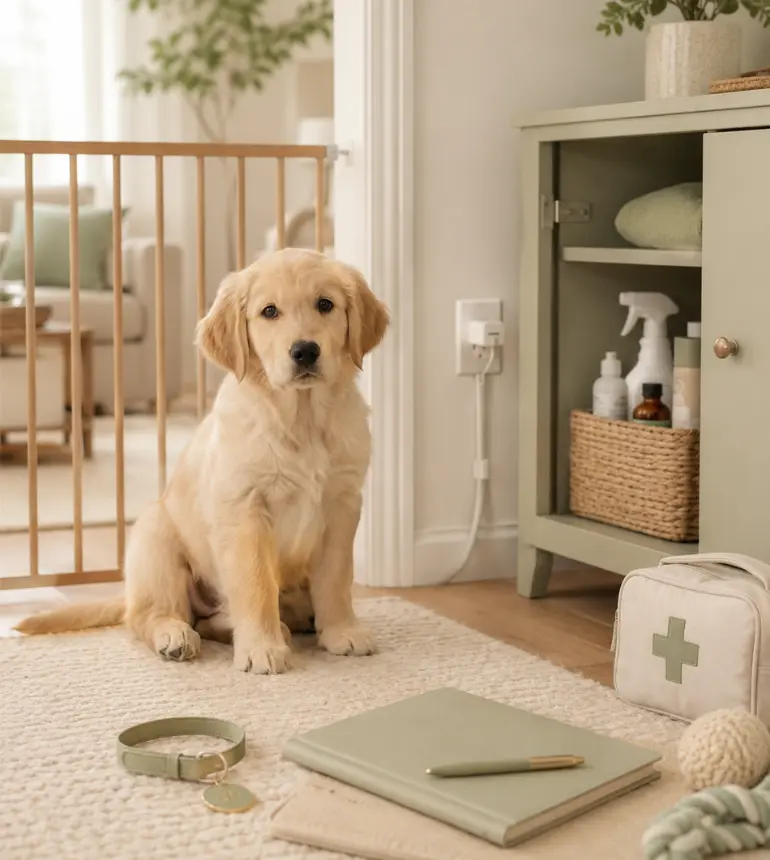 Golden retriever puppy on a rug beside a puppy-proofed cabinet, first-aid pouch, collar and vet records notebook