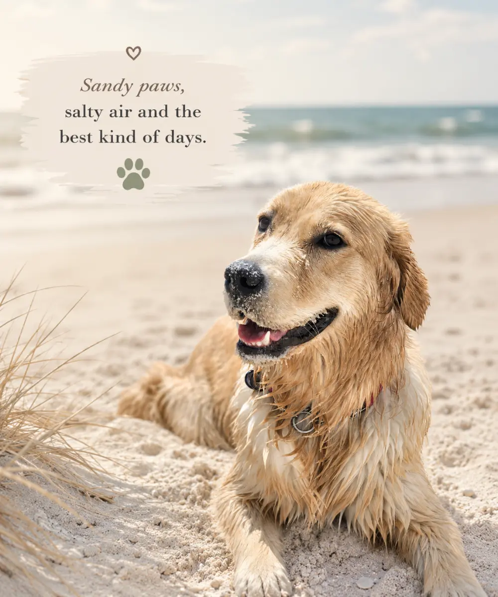 Lana the golden retriever lying on the sand at the beach, sandy paws and salty air