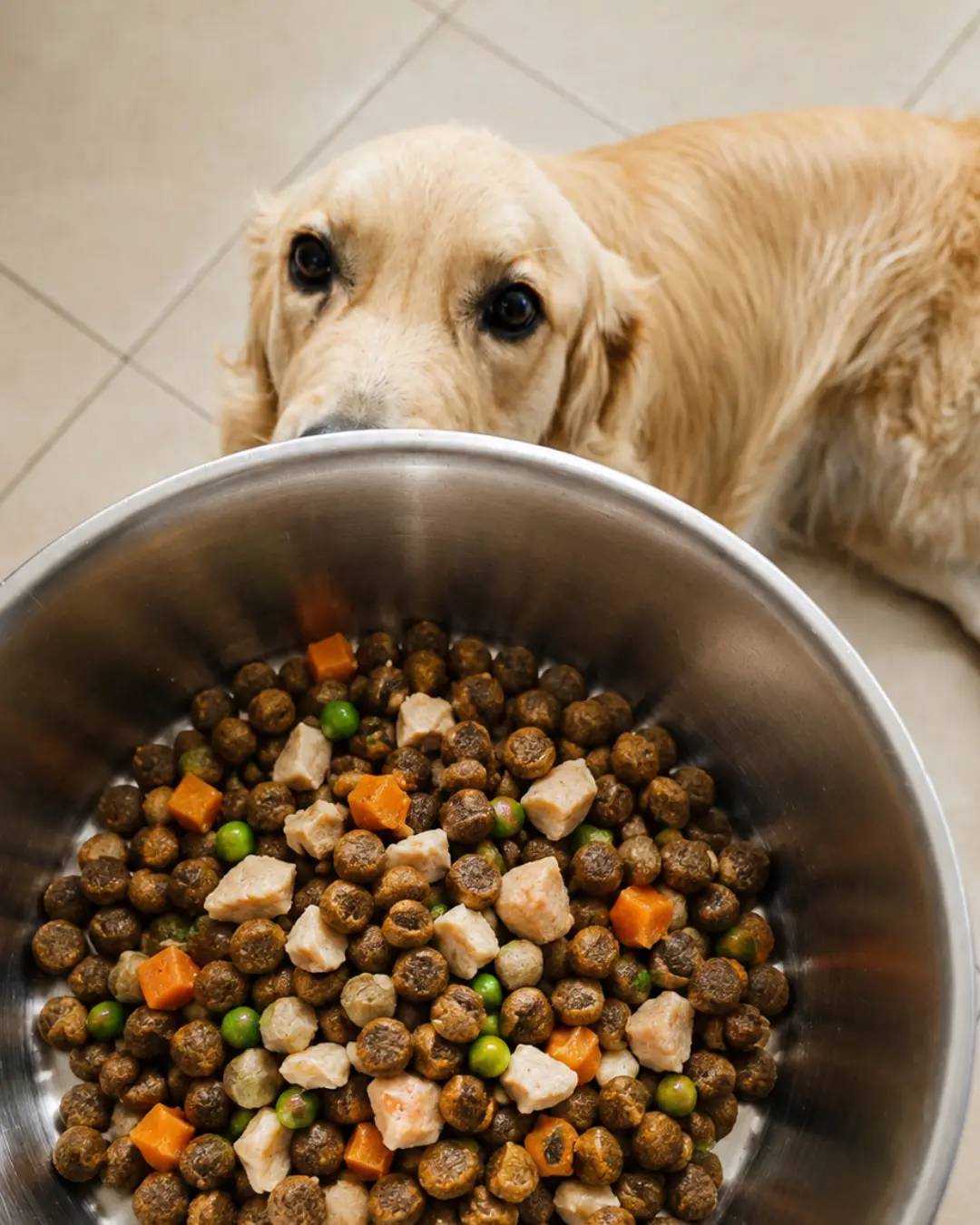 Lana the golden retriever with a mealtime bowl