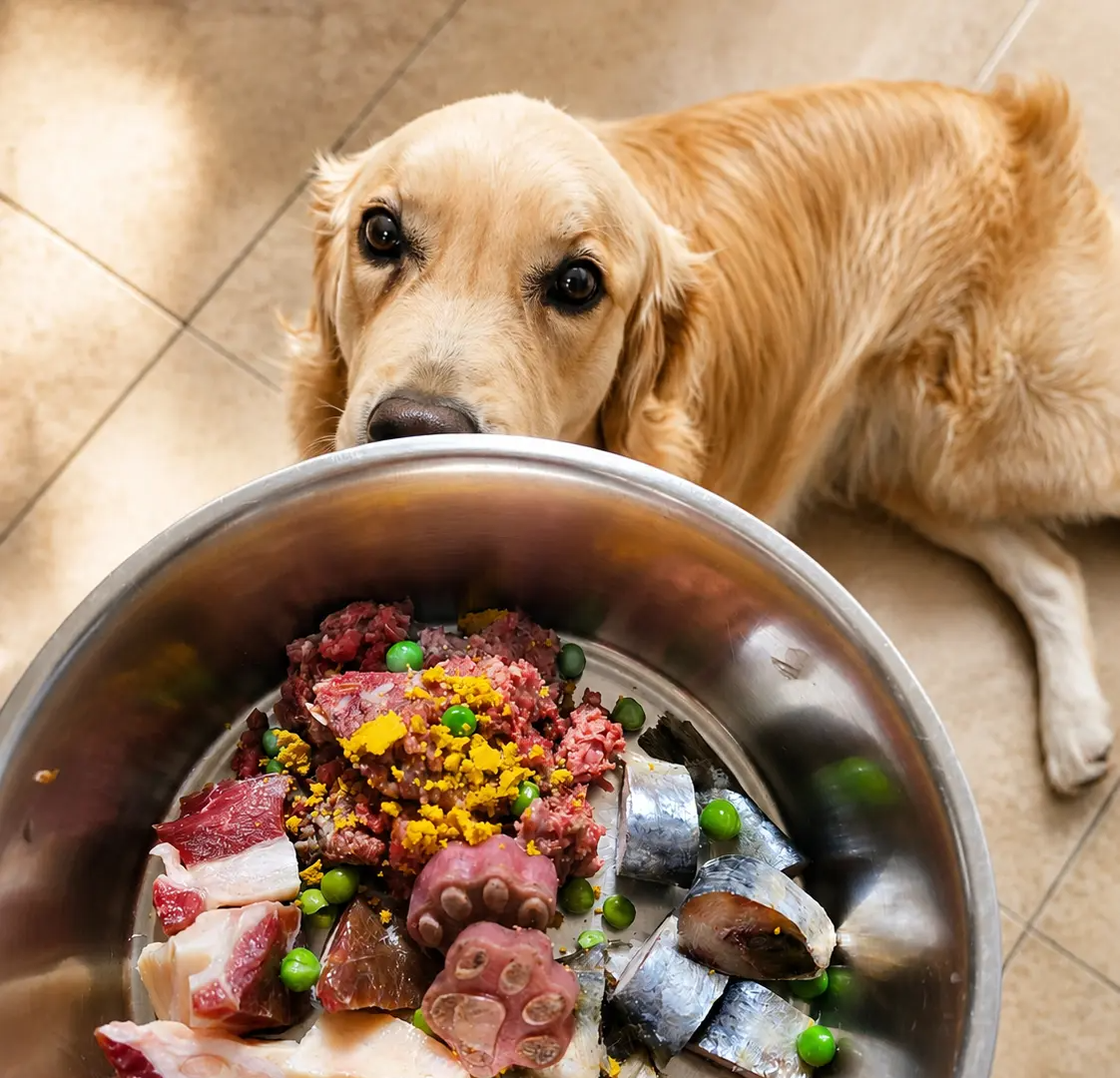 Golden retriever waiting beside her raw food mealtime bowl