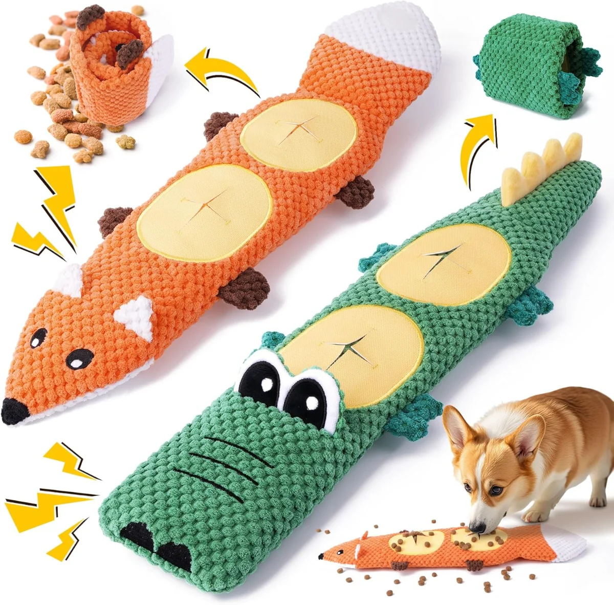 Hide and seek plush dog toys with crinkle and treat pockets