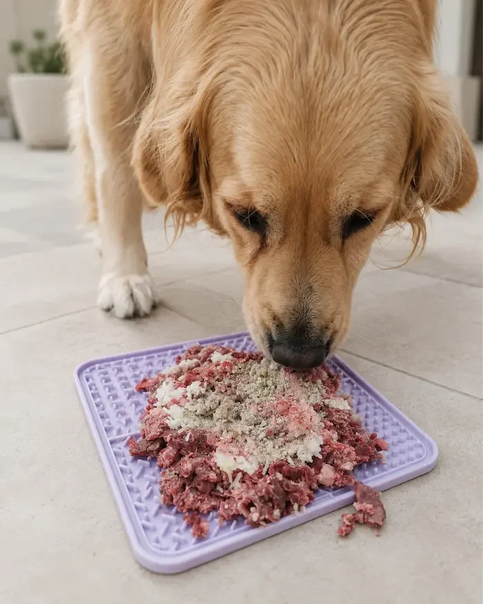 Golden retriever eating from a purple lick mat