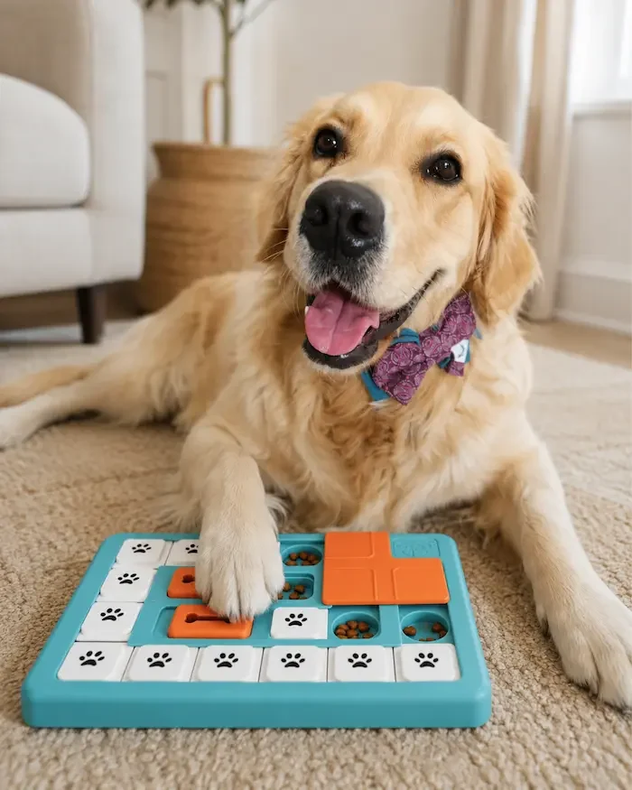 Golden retriever playing with an interactive dog puzzle toy