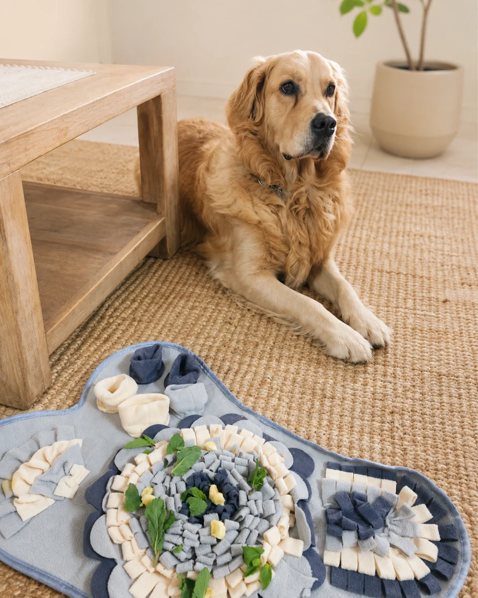 Lana waiting beside a snuffle mat