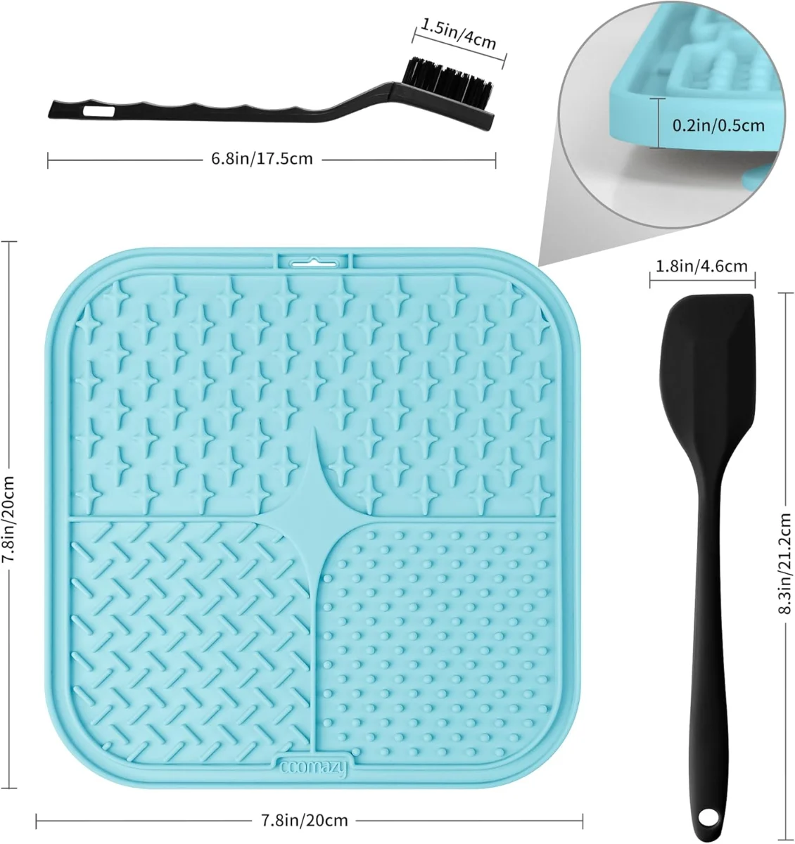 Lick mat size details with spreader and cleaning brush