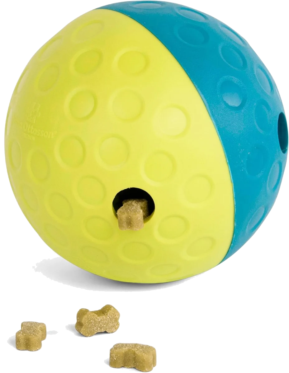 Yellow and teal treat dispensing ball for dogs