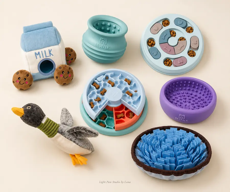Collage of enrichment toys: milk carton snuffle toy, duck plush, treat puzzles, snuffle bowl and lick mat
