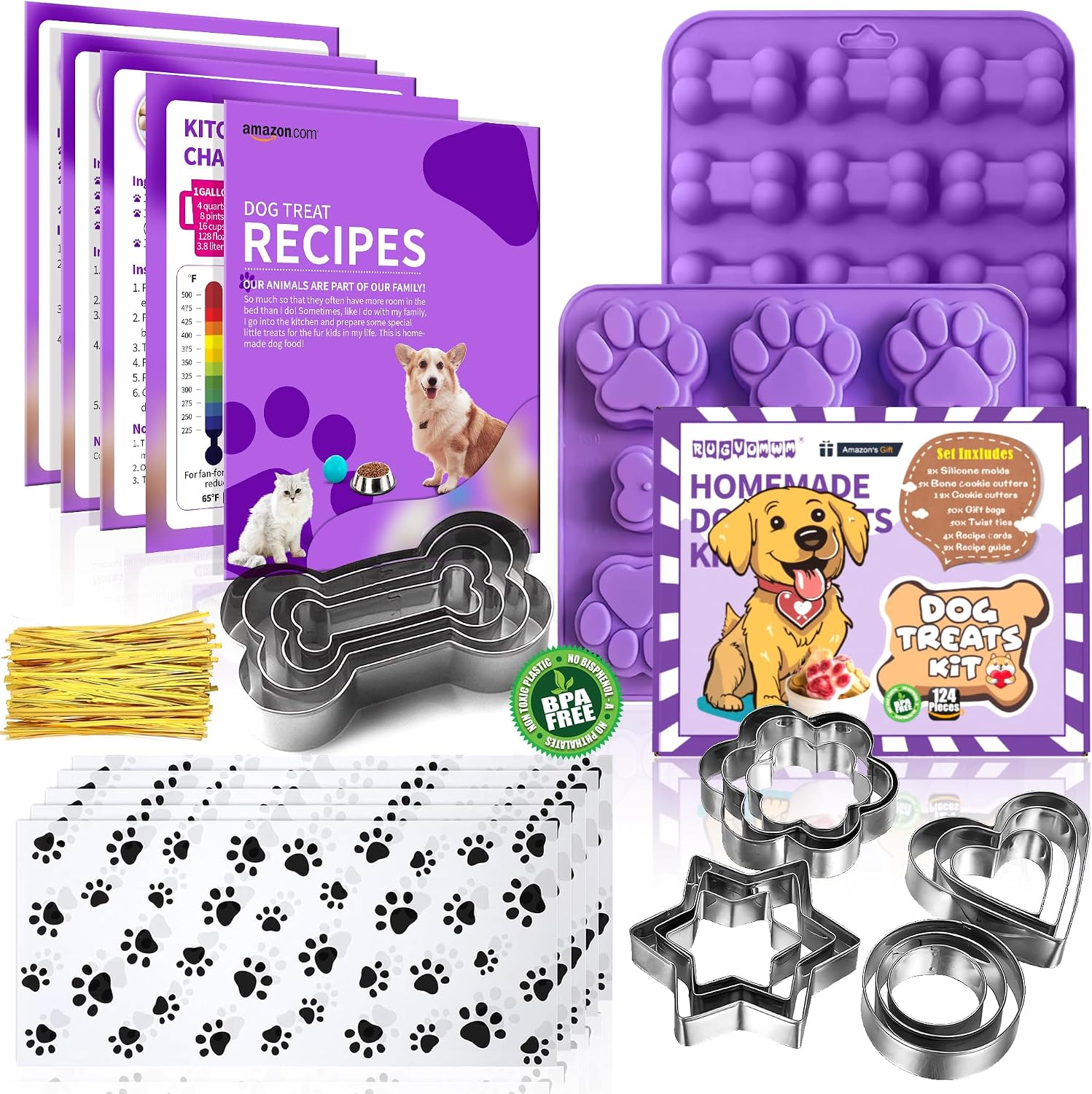 Homemade Dog Treats Kit, 124 pieces with silicone molds and cookie cutters