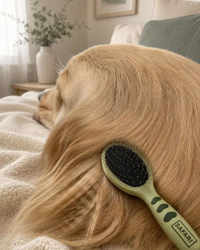 A pin brush working through the feathering on Lana the Golden Retriever's coat