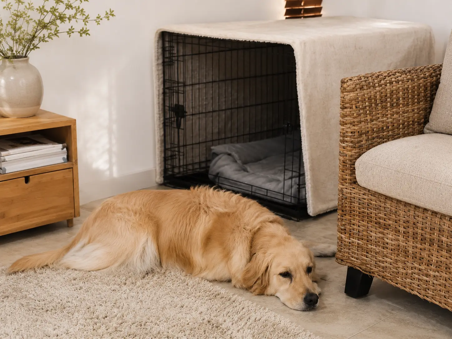 Lana resting beside her covered crate