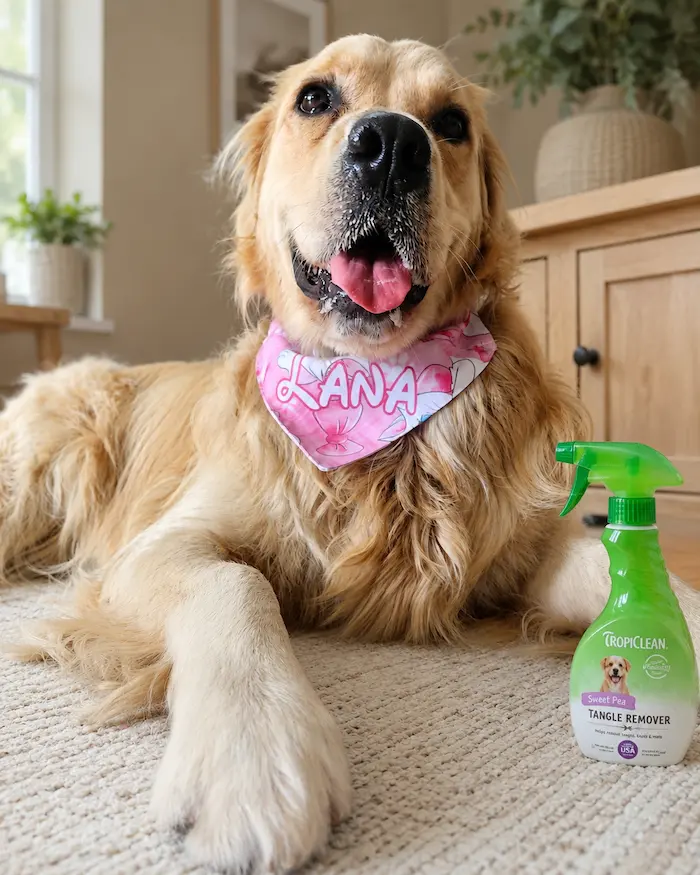 Lana the Golden Retriever lying down next to her TropiClean sweet pea tangle remover spray
