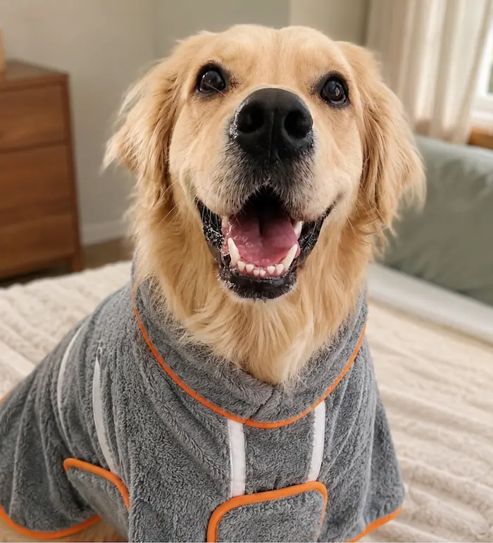 Lana the Golden Retriever wearing a grey drying robe after a bath