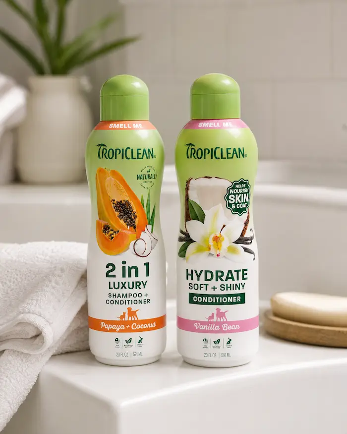TropiClean 2-in-1 shampoo and vanilla bean conditioner on the edge of a bath