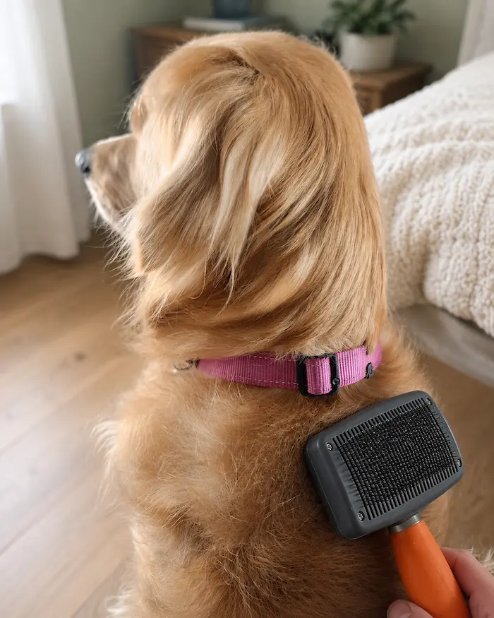Lana the Golden Retriever being brushed with a slicker brush