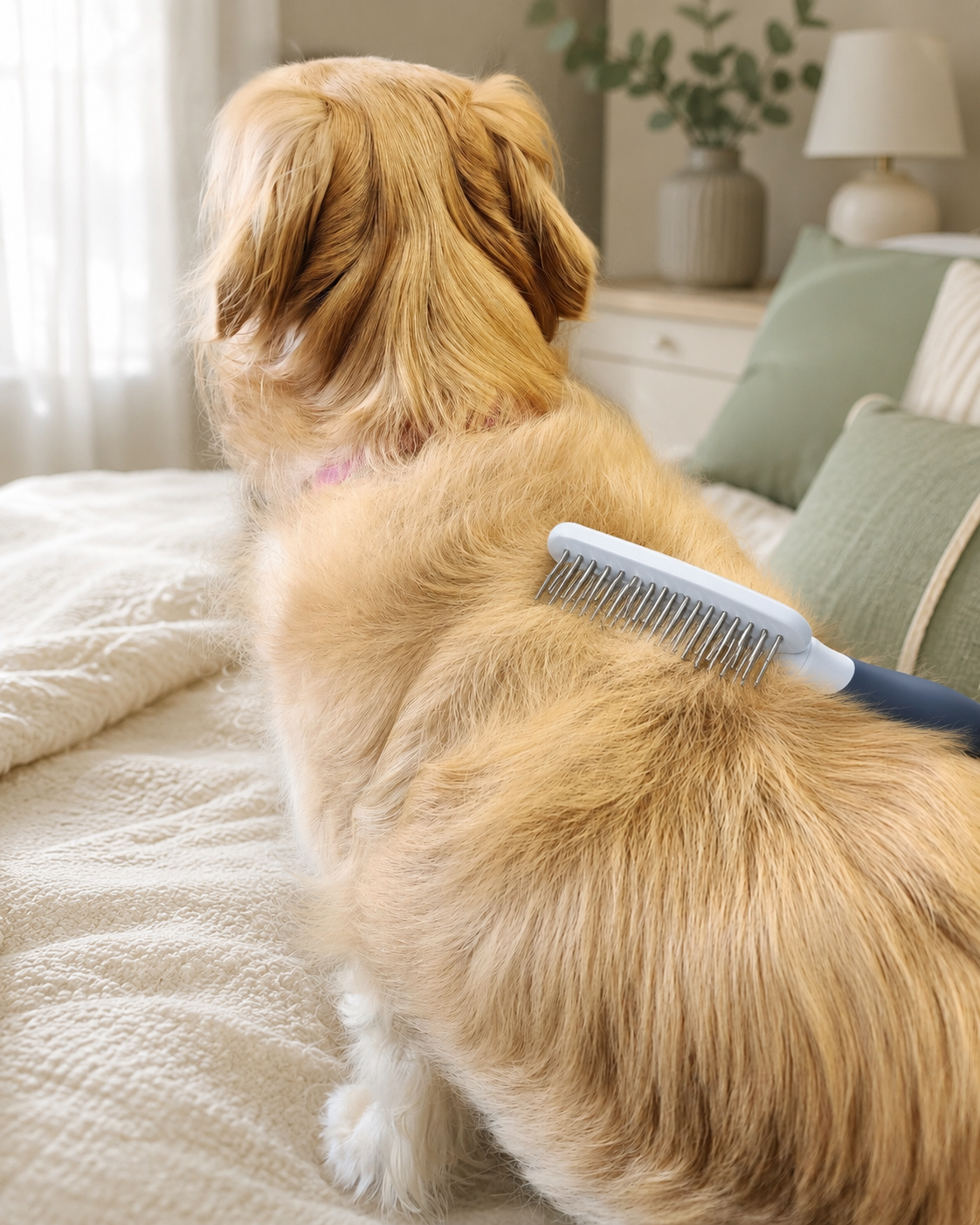 An undercoat rake working through the coat on Lana the Golden Retriever's back
