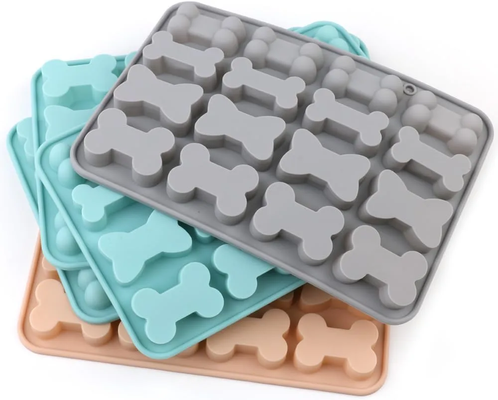 Silicone bone-shaped dog treat molds 3-pack in grey, teal and tan