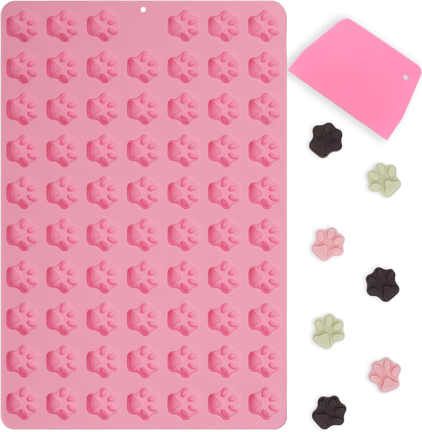 Mini paw print silicone mold in pink with scraper