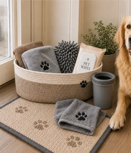 Paw-cleaning basket: towels, mitt, wipes and paw-cleaner cup by the door, with Lana peeking in