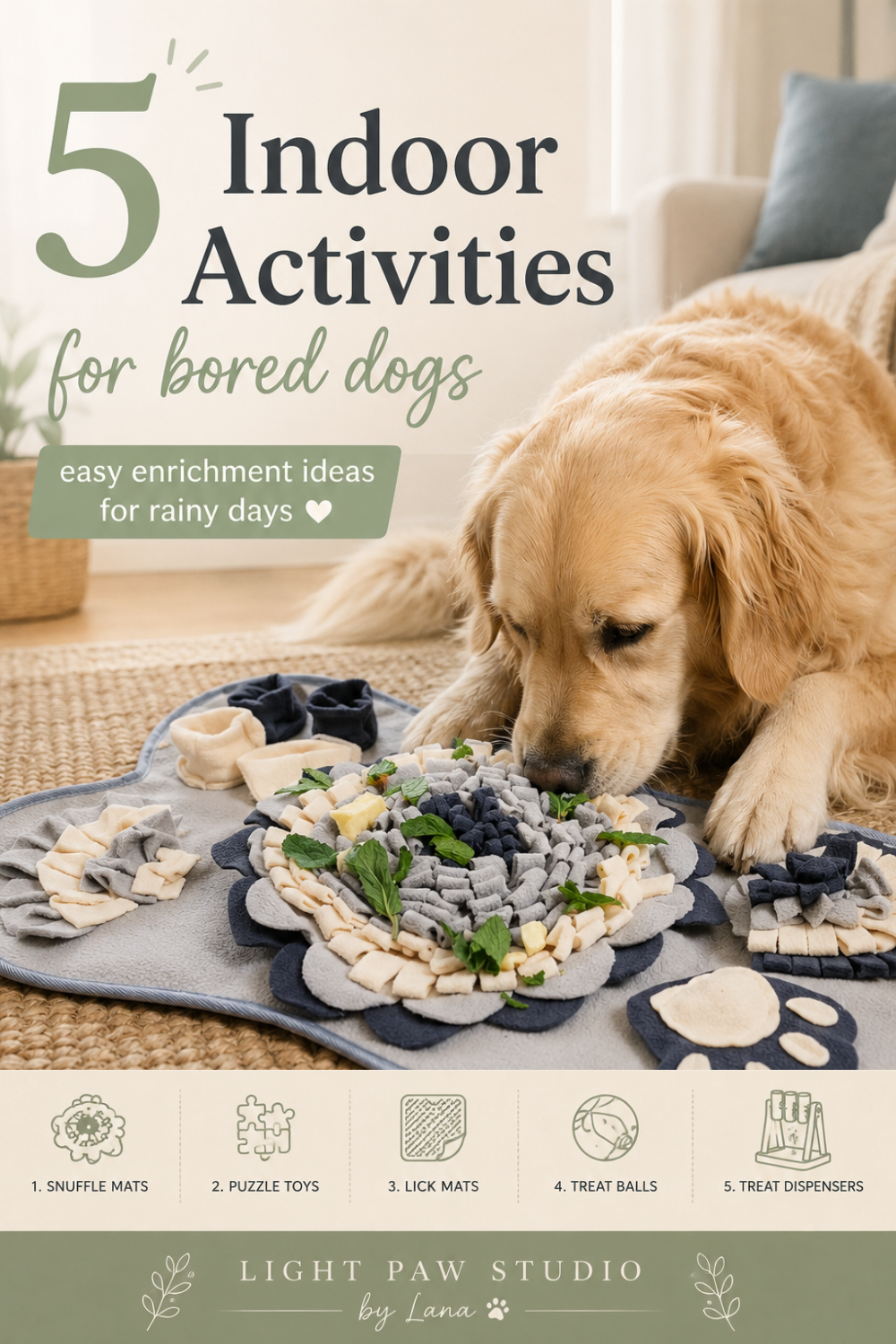 5 Indoor Activities for Bored Dogs — snuffle mats, puzzle toys, lick mats, treat balls and treat dispensers