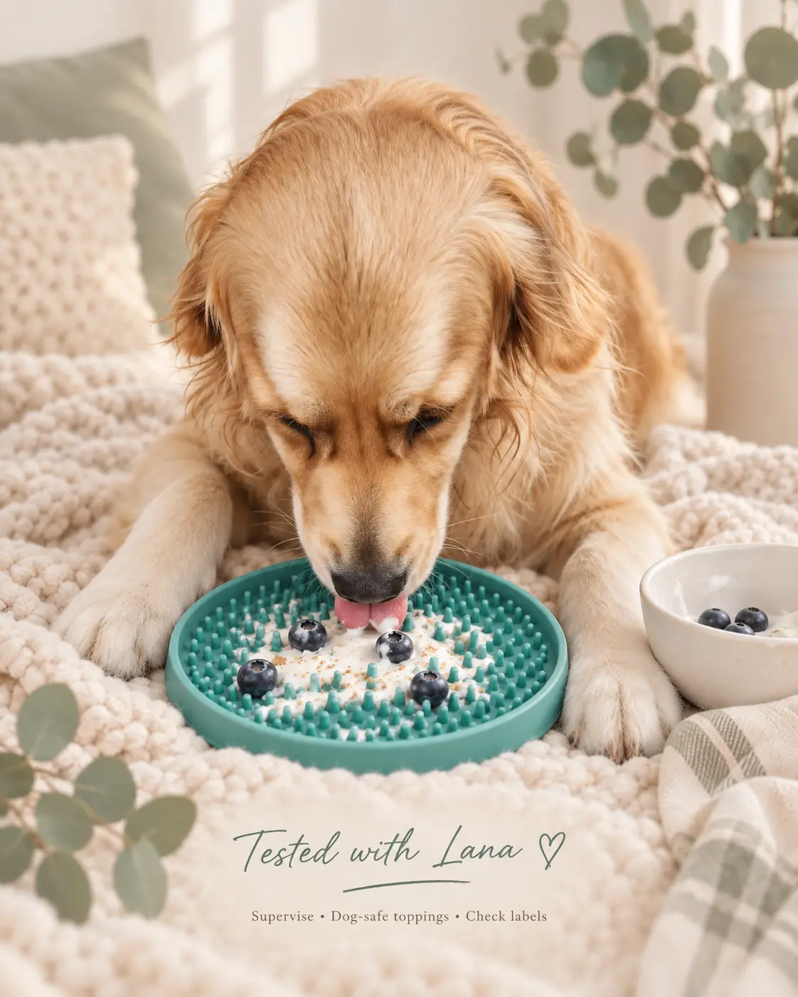 Golden retriever licking yoghurt and blueberries from a teal lick mat on a cream blanket