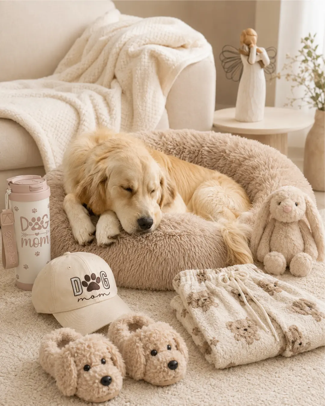 Golden retriever resting on a cozy dog bed surrounded by dog-mom slippers, cap, tumbler and a soft blanket
