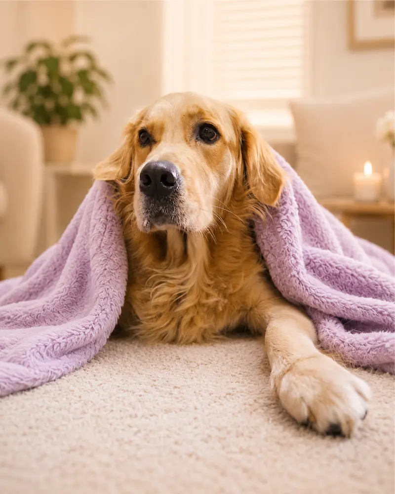 Golden retriever wrapped in a lavender blanket, indoor games for dogs on rainy days