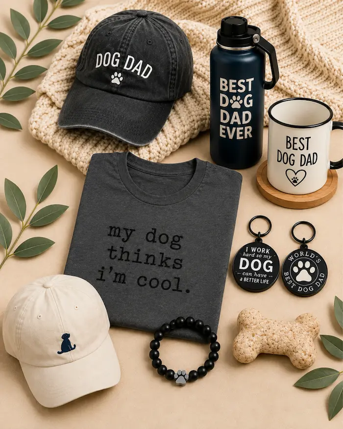 Dog Dad Essentials — mug, cap, tumbler, tee, keychains and playtime toy