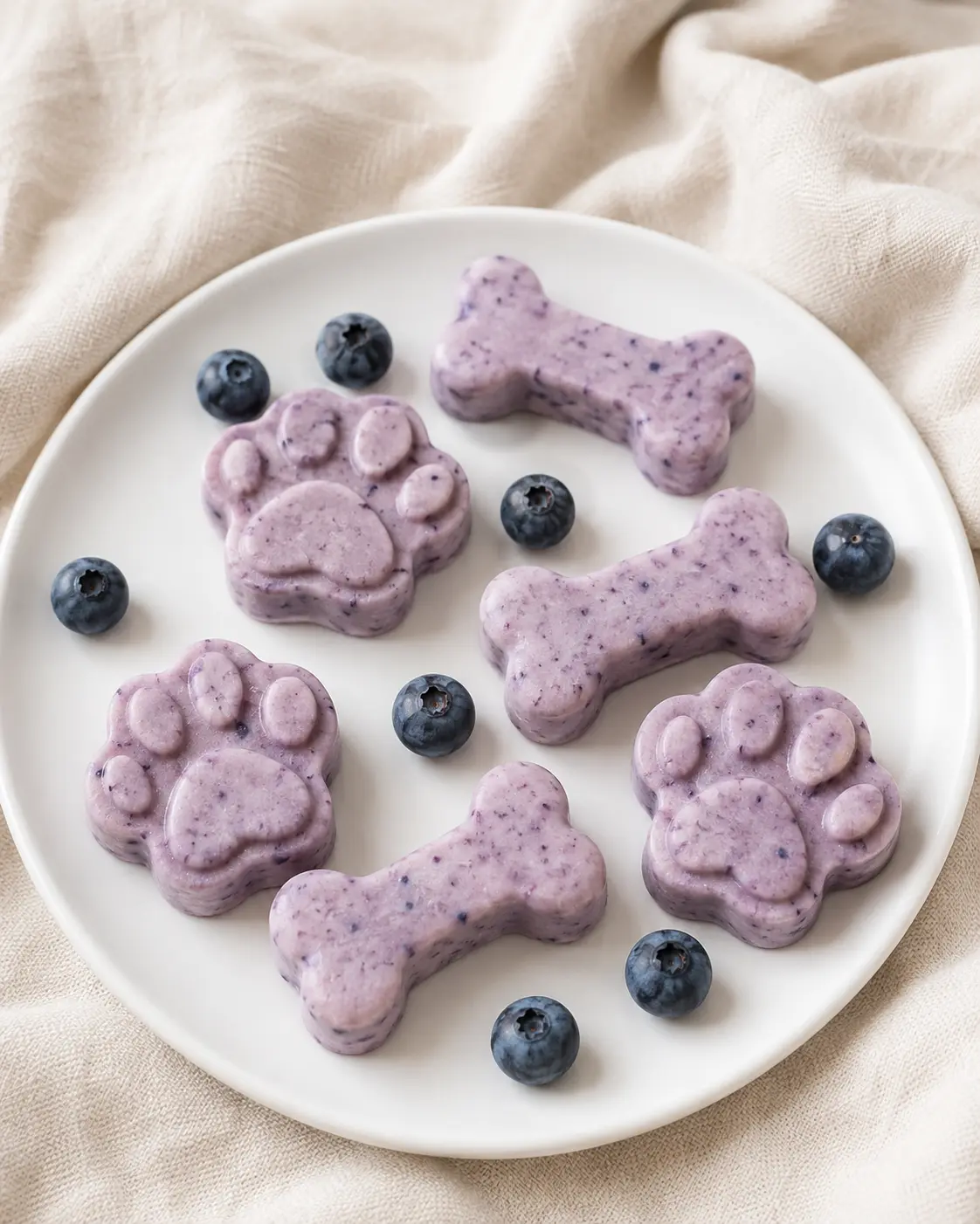 Easy blueberry frozen yoghurt dog treats, paw and bone shaped treats on a plate with fresh blueberries