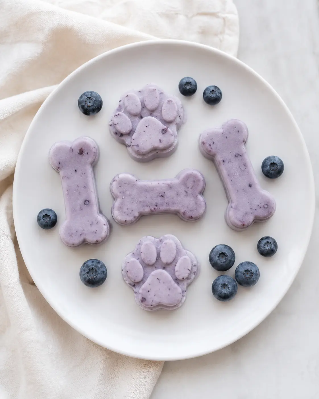 Blueberry frozen yoghurt dog treats in paw and bone shapes on a plate with a bowl of blueberries and a purple silicone mold
