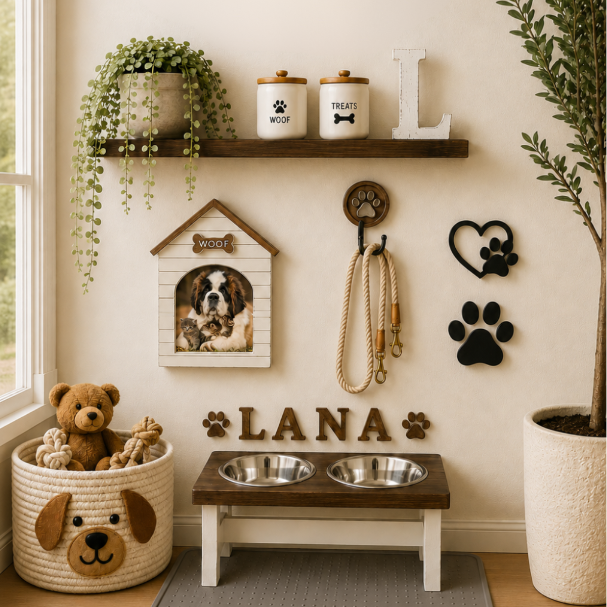 Styled cozy dog feeding nook after