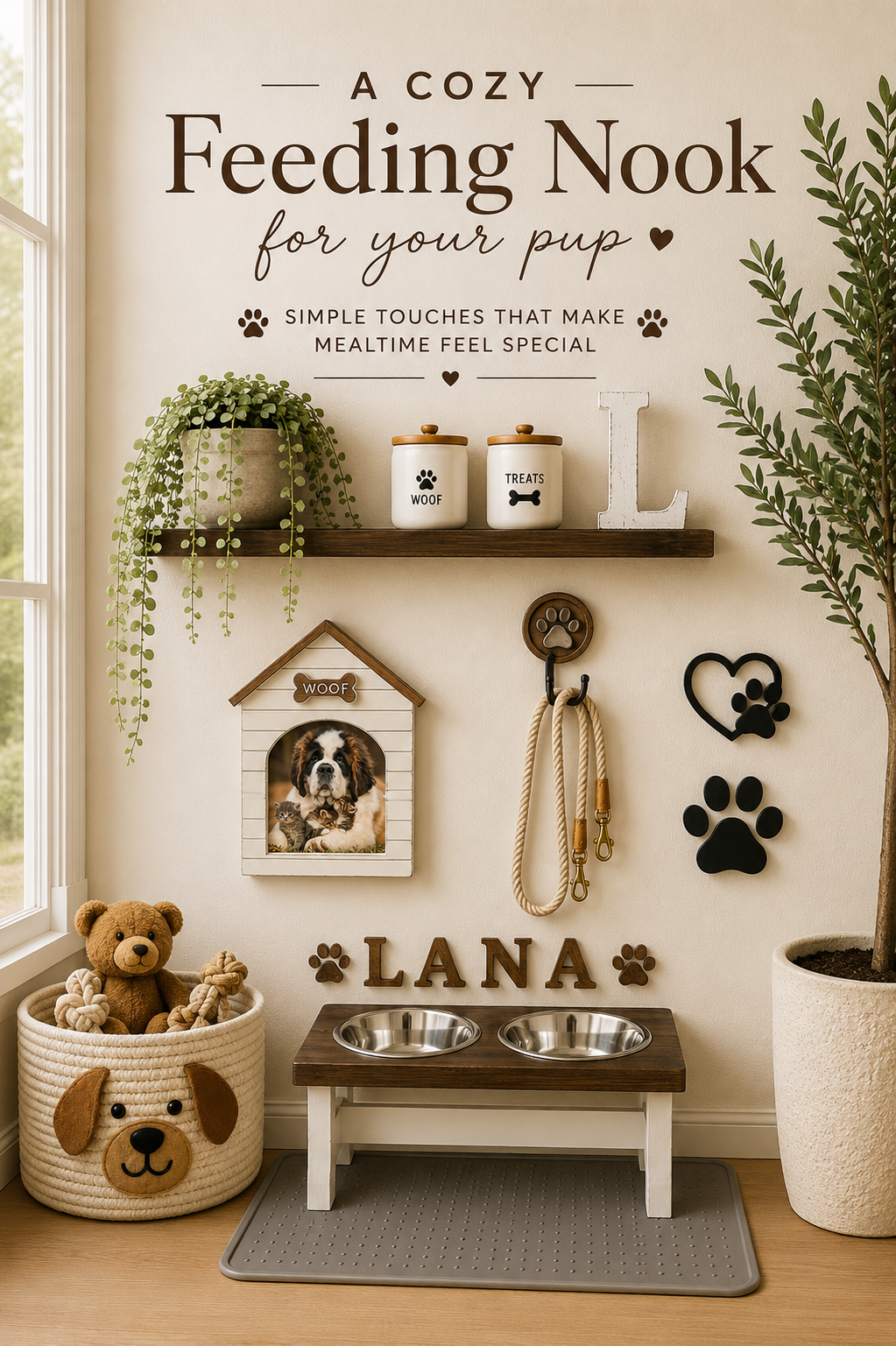 A cozy dog feeding nook — elevated wooden bowl stand, food jars on a floating shelf, doghouse frame and leash hook on the wall